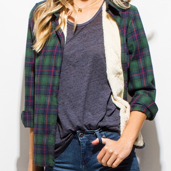 Plaid Fleece Lined Button Down Navy & Green - Picture 2 of 8